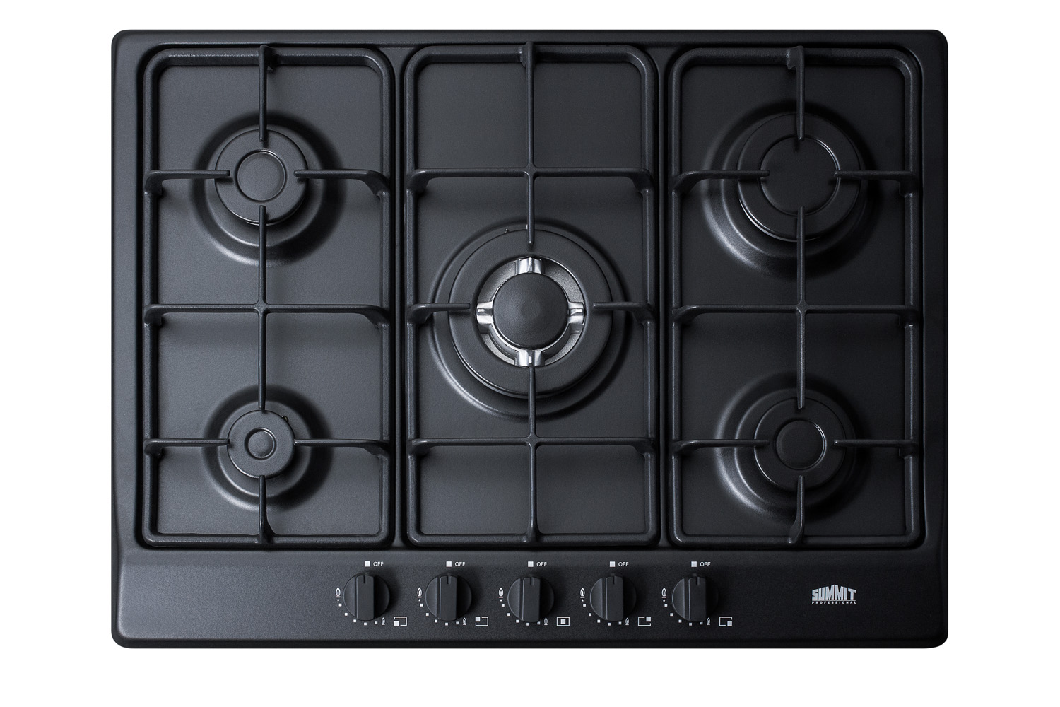 5-burner gas cooktop made in Italy in a black matte finish with sealed burners, cast iron grates, and wok stand; fits standard 24